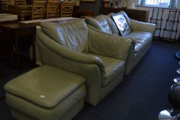 Green Leather Suite; Three Seat Sofa, Armchair and a Pouffe Stool