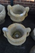 Pair of Limestone Garden Urns on Plinths