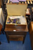 Oak Sewing Table and Pine Box with Contents of Sewing Accessories