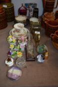 Table Lot; Glass Vases, Teaware, Flower Posies, Paper Weights, etc.