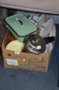 Box of Kitchenware; Pressure Cooker, Slow Cooker, Enamel Pan, Dinnerware, etc.
