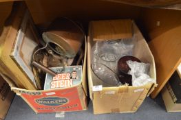 Two Boxes Containing Copper Kettles, Brass Trays, Oil Painting, Glass Vases, etc.