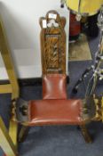Carved Pine Leather Seated Three Legged Stool