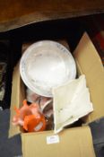 Box of Red & White Teaware, Plant Pots and Glassware