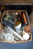 Box of Kitchenware, Fruit Bowl, Scales, Photo Frame, Flasks, etc.