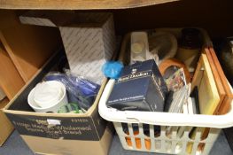 Two Boxes of Glassware, Part Tea Set, Royal Doulton, Prints, Clock, Blender, etc.