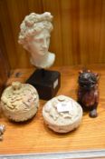 Carved Soapstone Dishes, Lion and White Pottery Bust