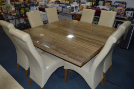 Large Marble Effect Dining Table with Six Cream Leather Highback Dining Chairs
