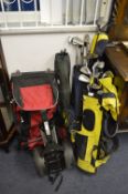 Two Golf Bags, Trolley and Wheeled Case with Dunlop and Other Golf Clubs
