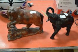 Carved Wood Tiger and Elephant
