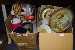 Two Boxes of Decorative Wall Plates, Jardiniers, Mugs, Soft Toy, Glassware etc.