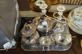 Four Piece Silver Plated Tea Set, Three Branch Candelabra and a Chrome Tray