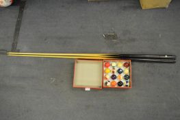 Set of Pool Balls and Two Cues