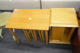 Teak Nest of Tables and Light Oak Revolving CD Shelf