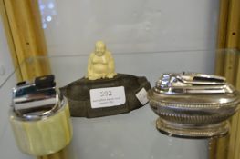 Bakelite Ashtray with Buddha and Two Table Lighters