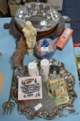 Table Lot; Silver Plated Trays, Wooden Fruit Bowl, Cottage Ornaments, etc.