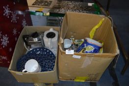 Two Boxes Containing Teasmaid, Trivets, Pottery Jugs and Mugs, etc.