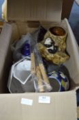 Box Containing Jug and Bowl Set, Vases, Chrome Taps, Barbeque Tools, etc.