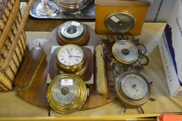 Selection of Five Wall Mounted Barometers and a Brass Maritime Clock