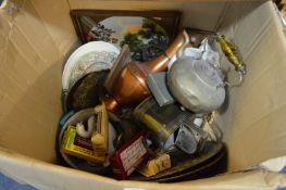 Large Box Containing Brass Kettle, Jug, Decorative Plates, Plaques, etc.