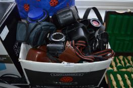 Box Containing Various Cameras and Accessories
