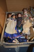 Box Containing Porcelain Headed Dolls