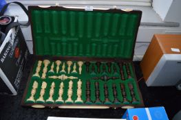 Carved Wood Chess Set with Carry Case Board
