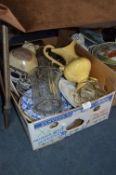 Box Containing Glass Jugs, Vases, Decorative Plate