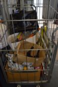 Cage Lot: Gardening Tools, Folding Chair, Wall Lights, Glassware, Pottery Ornaments, etc.