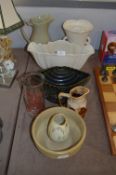 Table Lot; Pottery Plant Holders, Jug, Hallux Jar , etc.