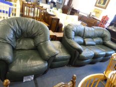 Green Leather Suite: Three Seater, Armchair and Po