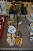 Table Lot; Onyx Ashtrays, Bookends, Glass Bottles,