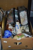 Box of Pottery Ornaments, Wall Charger, Mugs, Ligh