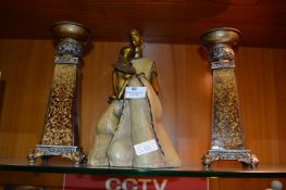 Pottery Ornament African Girls and Two Candle Stan