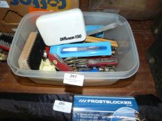 Box Containing Assorted Thimbles, Pocket Knives, e