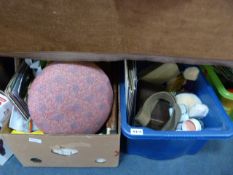 Two Boxes Containing Records, Pottery, Glass, Military Belt, Foot Stools etc