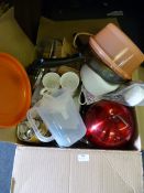 Box Containing Ice Bucket, Mugs, Pans, VHS Player,
