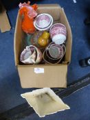 Box Containing Red & White Tea Set, Glass Vase, Pl