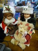 Two Winter Themed Porcelain Dolls and a Teddy Bear