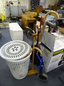 Folding Walking Aid, Walking Sticks and a Linen Basket