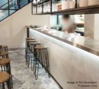 6 x Matching Tall Round Bar Stools - Each Features A Solid Wood Top With a Sturdy Metal Base -