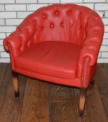 1 x Chesterfield Style Buttoned Back Red Leather Tub Chair With Hardwood Legs Finished in an