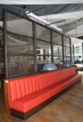 1 x Large Seating Bench Upholstered in Red Leather With Wooden Base, Kickboard, Room Dividing Panel,