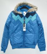 1 x Branded Puffer Jacket With Fur-lined Hood - Adult Size Small - Colour: Blue With Zig Zag