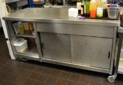 1 x Stainless Steel Prep Counter With Warming Cupboard, Castors and Storage Shelves - H89 x W180 x
