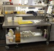 1 x Stainless Steel Prep Counter With Undershelf, Castors, Single Drawer and Two Tier Gantry With