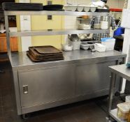 1 x Stainless Steel Prep Counter With Warming Cupboard, Castors and Two Tier Plate Gantry - H83/