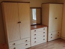 Attractive 6 Piece Country Style Bedroom Suite in Cream - 2 x Wardrobes, 1 x Dresser, 1 x Dressing T