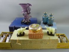 A COLLECTION OF BOXED MODERN CHINESE ORNAMENTS to include two pairs of cloisonne vases with a gilt