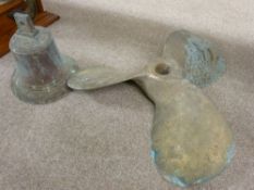 A BRONZE SHIP/BOAT PROPELLER AND BELL the prop marked 28 x 26RH, the bell unmarked (clapper